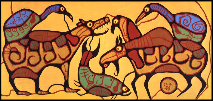 Artwork by Norval Morrisseau featuring stylized animal figures